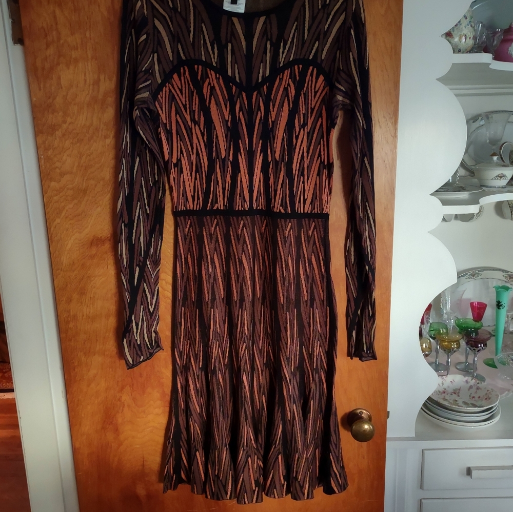 BCBGMaxAzria Long Sleeve Dress - Black Brown and Orange Silk And Cotton Knit